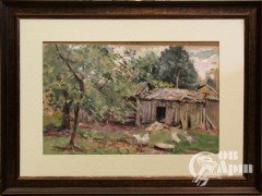 Акварель "Пейзаж с курицами"